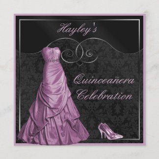 Bezauberndes lila Ballkleid-Schwarzes Quinceanera Einladung
