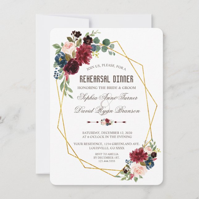 Bezauberndes Merlot Navy Blue Floral Probe Dinner Einladung (Vorderseite)