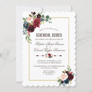 Bezauberndes Merlot Navy Blue Floral Probe Dinner Einladung