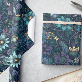 Bezauberndes Mitternachtgarten Vintage Blumendekou Geschenkpapier