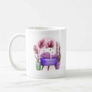Bezauberndes, Niedliches Weiße Katze, Lila Kaffeetasse