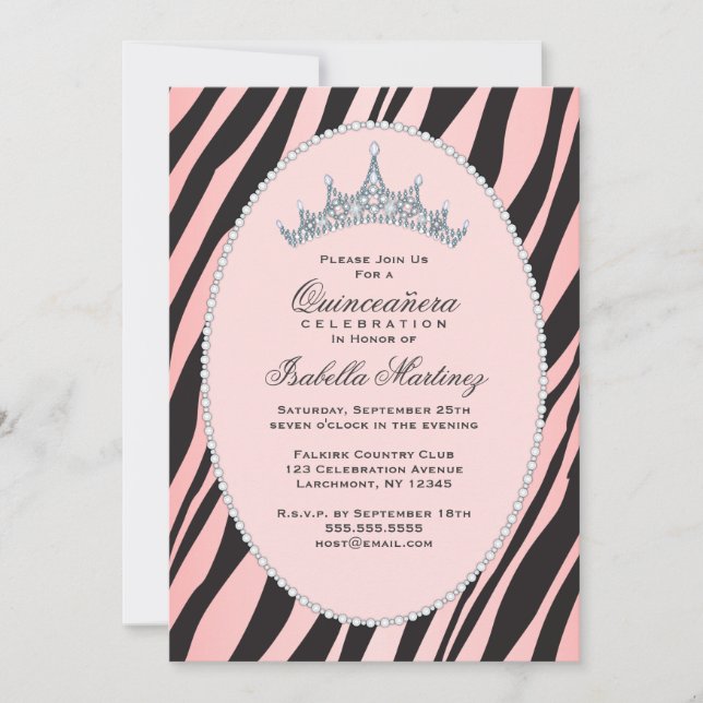 Bezauberndes Party Prinzessin-Tiara Zebra Pink Einladung (Vorderseite)