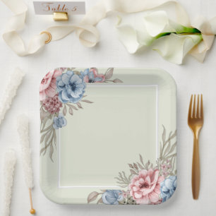 Bezauberndes Rosa und Blaues Florales Quadratische Pappteller