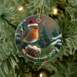 Bezauberndes Rotkehlchen über einem schneebedeckte Keramik Ornament