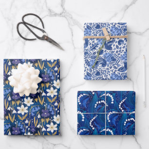 Bezauberndes Royal Blue Early Spring Blumenmuster Geschenkpapier Set