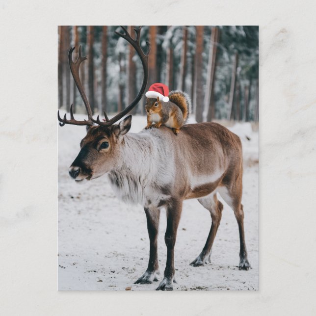 Bezauberndes Santa Eichhörnchen und Rentier Postkarte (Vorderseite)