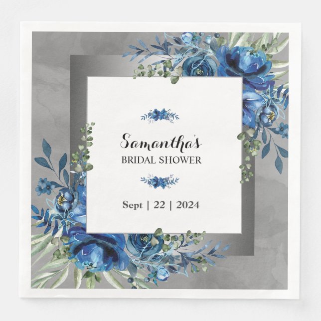 Bezauberndes Silver & Blue Floral Brautparty Serviette (Vorderseite)