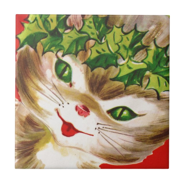 bezauberndes vintage Weihnachtskatzchen Fliese (Vorderseite)