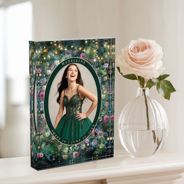 Bezauberndes Waldgebiet Rose Fairy Woodland Fotoblock (enchanted forest photo block wild rose floral emerald gold woodland fairy greenery keepsake sweet 16)