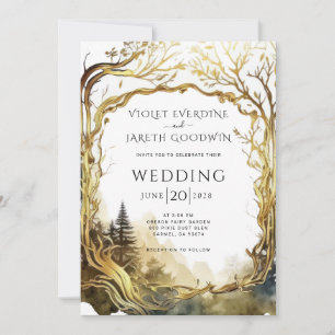 Bezauberndes Waldgoldportal zum Hochzeitsempfang Einladung
