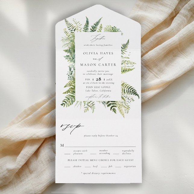 Bezauberndes Waldland Ferns Elegante Hochzeit All In One Einladung (enchanted forest wedding invitation botanical frame ferns outdoors mountains nature garden all one)