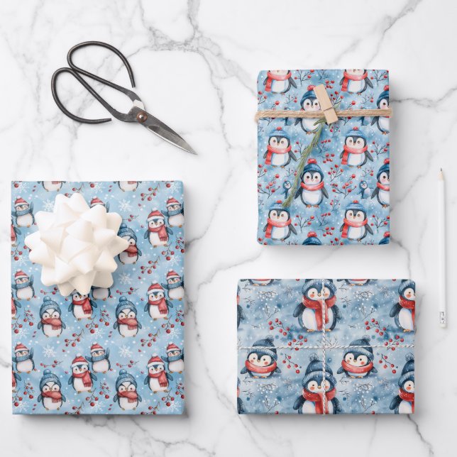 Bezauberndes Winterpinguin-Muster mit gemütlichen  Geschenkpapier Set (Vorderseite)
