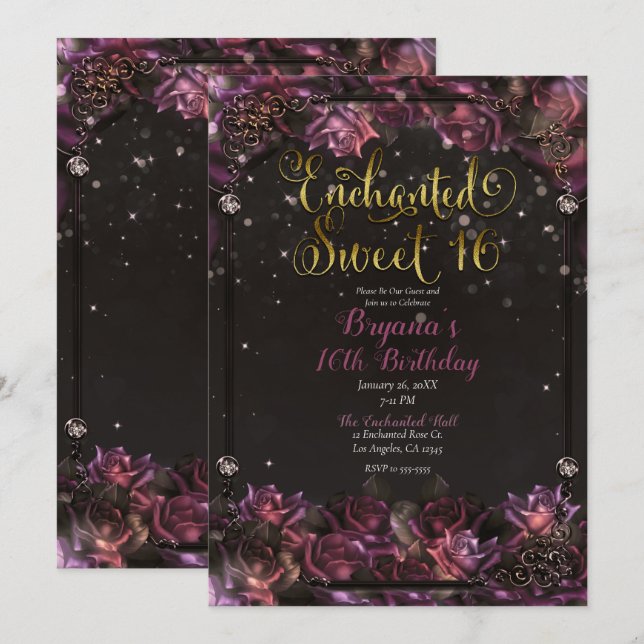 Bezauberte Berry Rose Blumengold Süß 16 Party Einladung (Vorne/Hinten)