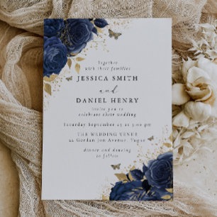 Bezauberte blaue Rose & Goldhochzeit Einladung