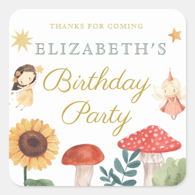 Bezauberte Fee Birthday Mushroom Quadratischer Aufkleber (Vorderseite)