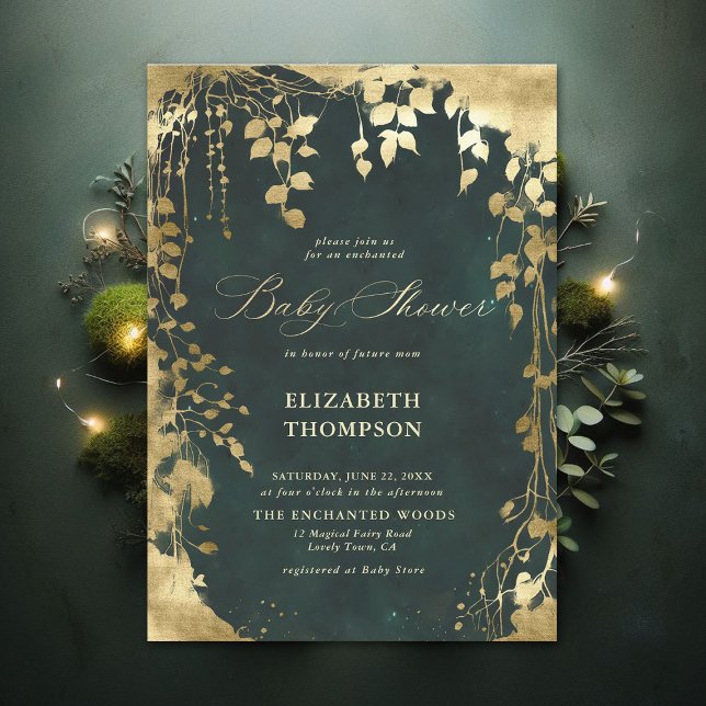 Bezauberte Forest Gold Frame Greenery Baby Shower Einladung (Enchanted Forest Emerald Green Draped Greenery Frame Modern Calligraphy Neutral Baby Shower Invite)