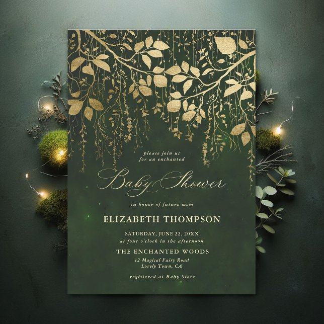 Bezauberte Forest Gold Hunter Green Baby Dusche Einladung (Enchanted Forest Hunter Green Draped Greenery Modern Calligraphy Neutral Baby Shower Invitation)