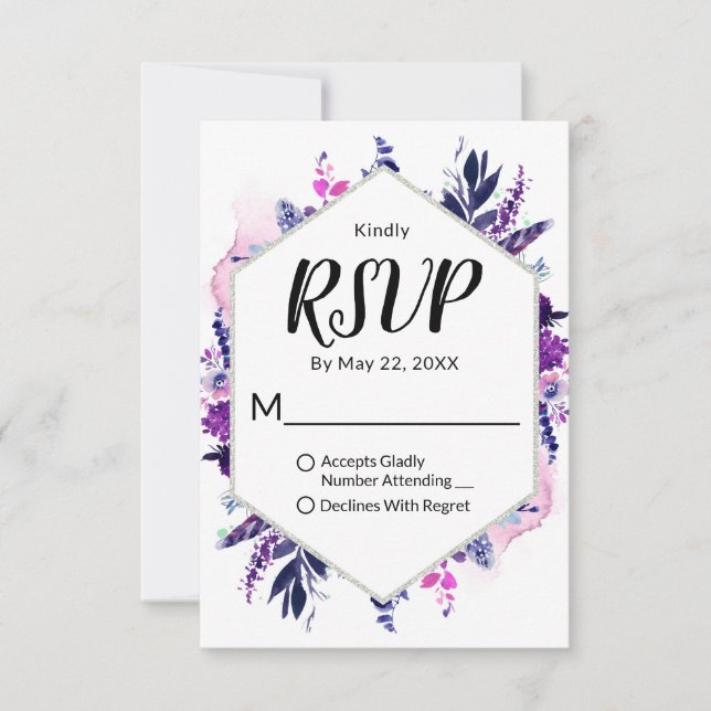 Bezauberte Gerahmte Blütenviolette Hexagon-Hochzei RSVP Karte (Vorderseite)