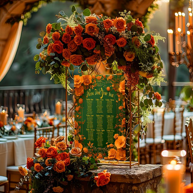 Bezauberte grüne, goldene und orangefarbene keltis poster (Enchanting Orange and Green Druid-Hill Wedding Seating Chart Poster )