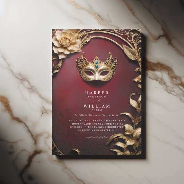 Bezauberte Hochzeit der Roten und Goldmedaille Einladung (ornated red wedding masquerade invitation, elegant with a vintage touch)