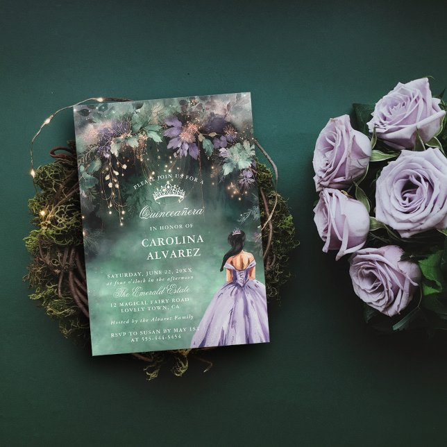 Bezauberte Imitate aus dem Wald Gold Lavender Quin Einladung (quince invitation quinceanera emerald green lavender enchanted forest magical fairy tale)