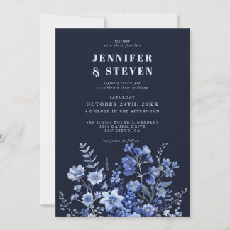 Bezauberte Monchrome Navy Blue Wildblume Hochzeit Einladung
