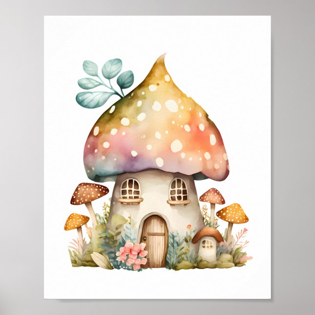 Bezauberte Mushroom-Hütte Wasserfarbe Poster (Vorne)
