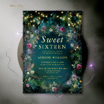 Bezauberte Rose aus dem Wald Gold Twinkle Light Sw Folieneinladung<br><div class="desc">Eine skurrile Aquarellillustrierung von üppigem Blattwerk in smaragdgrün und violett und lila, funkelnd hell mit Feenlampen und zauberhaftem Staub, schmückt dieses Frühjahr Sommer Herbst Sweet 16 mit einem verzauberten Waldthema, das auch einen Rahmen von zarten Rose in Rosa, Fuchsia, lila und Lila bietet. Der Text, wie auch die Lichter, wurden...</div>