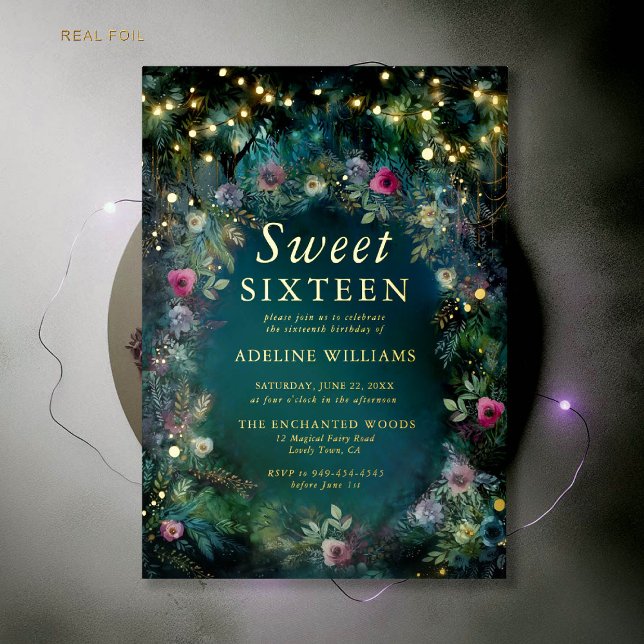 Bezauberte Rose aus dem Wald Gold Twinkle Light Sw Folieneinladung (enchanted forest sweet sixteen invitation magical woodland garden roses emerald green fuchsia gold)