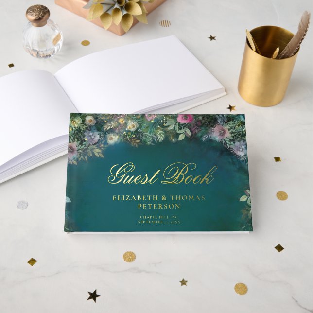 Bezauberte Rose Fairy Tale Emerald Wedding Gästebuch (Vorderseite Offen)