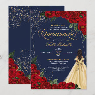 Bezauberte Rose Rot & Gold Messe Quinceañera Einladung