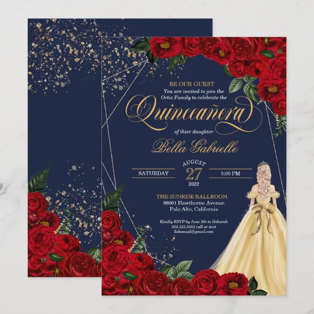 Bezauberte Rose Rot & Gold Messe Quinceañera Einladung (Vorne/Hinten)
