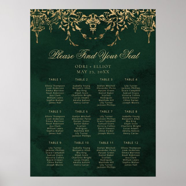 Bezauberte Royal Emerald Gold Hochzeitssitze Poster (Vorne)