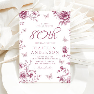 Bezauberte Vintage Dusty Rose Floral 80. Geburtsta Einladung