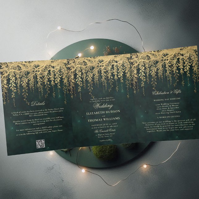 Bezauberte Waldgoldgrün Alle eine 2 Hochzeit Dreifach Gefaltete Einladung (enchanted forest wedding invitation all in one trifold dripping gold greenery dark emerald green)