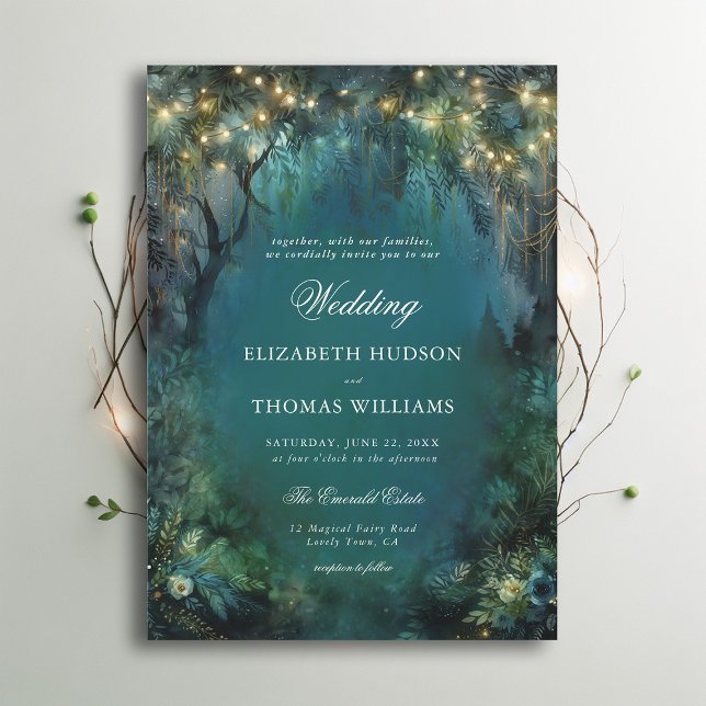 Bezauberte Waldgrün Fairy Gold Light Wedding Einladung (enchanted forest woodland wedding invitation emerald green gold magical bespoke romantic)