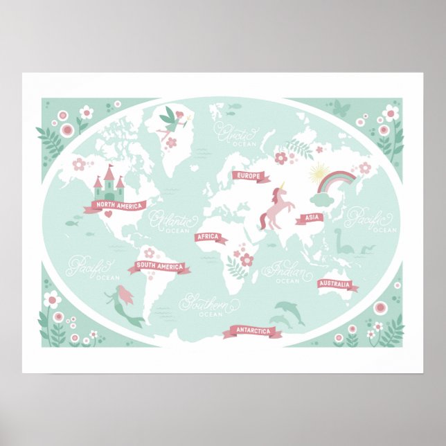 Bezauberte Weltkarte - Kinderkunst Poster (Vorne)