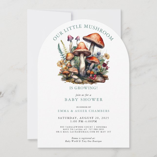 Bezauberte Whimsical Mushrooms Woodland Babydusche Einladung (Vorderseite)