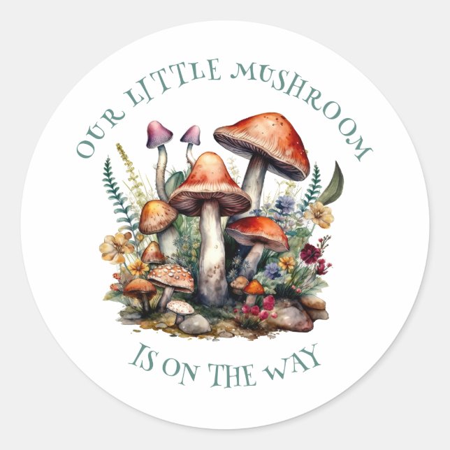 Bezauberte Whimsical Mushrooms Woodland Babydusche Runder Aufkleber (Vorderseite)