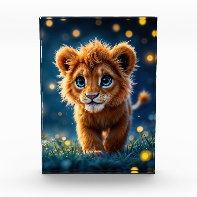 Bezauberter, blau-mit Augen Löwenwürfel in glühend Fotoblock (Vorderseite)