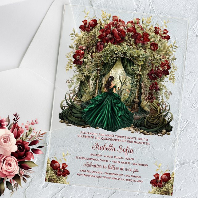 Bezauberter Burgunder Wald Acryleinladungen (Enchanted forest invitation with beautiful emerald gown and floral forest entrance. Any occasion.)