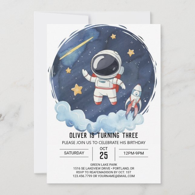 Bezauberter Galaxy Rocket Astronaut Junge Geburtst Einladung (Vorderseite)