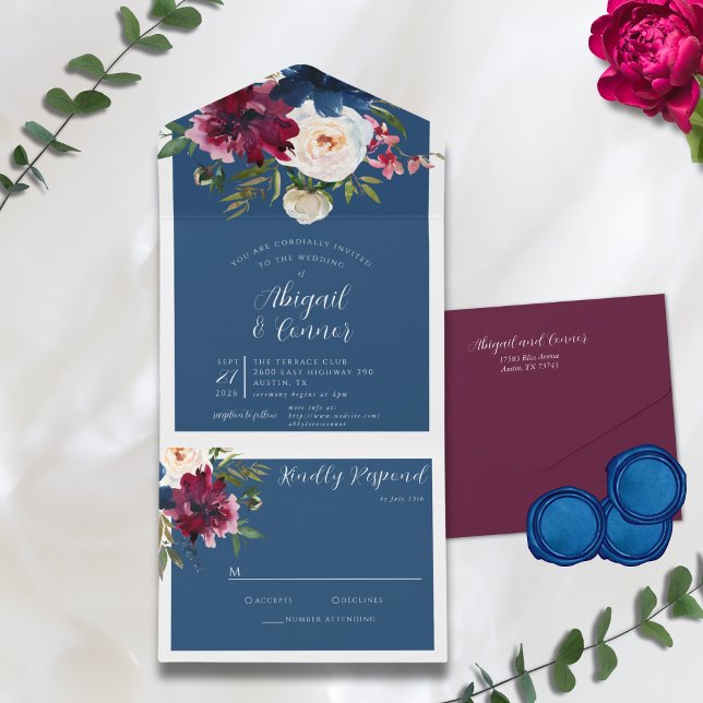 Bezauberter Garten Dusty Blue Burgundy Navy All In One Einladung (Von Creator hochgeladen)