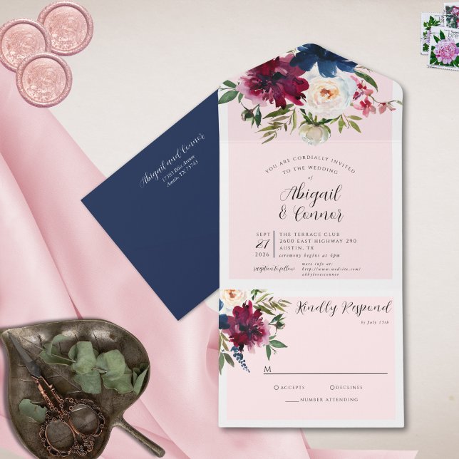 Bezauberter Garten Pink Blush Burgundy Marine All In One Einladung (Von Creator hochgeladen)
