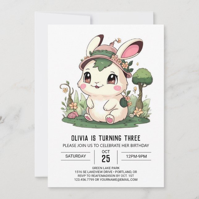 Bezauberter Hübscher Bunny Digital Geburtstag Einladung (Vorderseite)