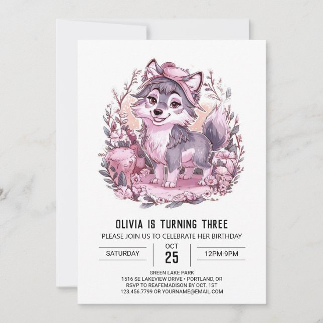 Bezauberter Niedlicher digitaler Wolf Geburtstag Einladung (Vorderseite)