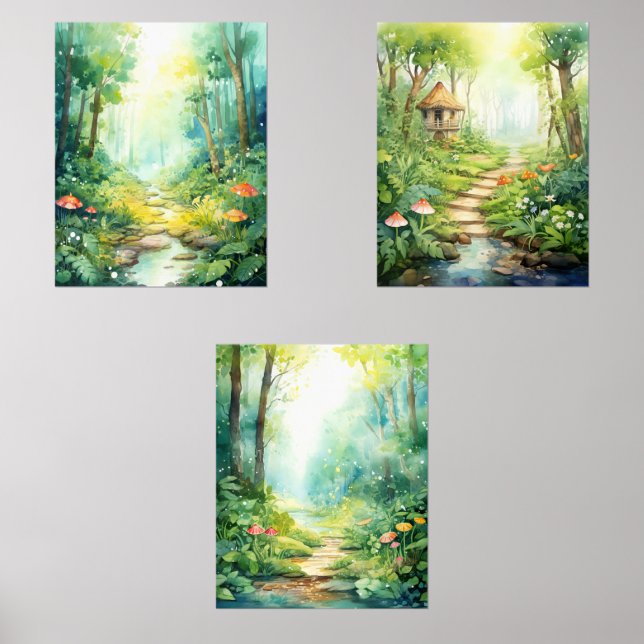 Bezauberter Wald - Aquarellfarben-Kinderzimmer Bilderwand Sets (Vorderseite)
