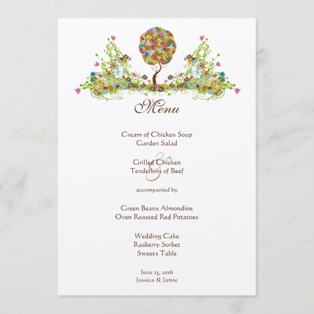 Bezauberter Waldpatchwork Blumenmauerbaum Menükarte (Vorderseite)