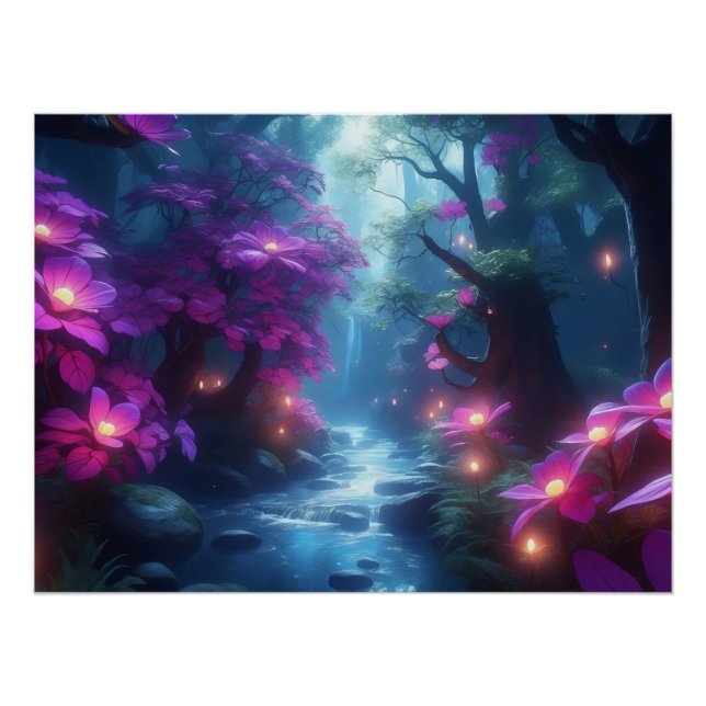 Bezauberter Waldstrom - glühende Blume Fantasie Poster (Vorderseite)