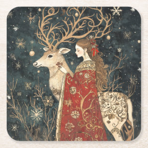 Bezauberter Winter: Der Maiden und der Stag Rechteckiger Pappuntersetzer